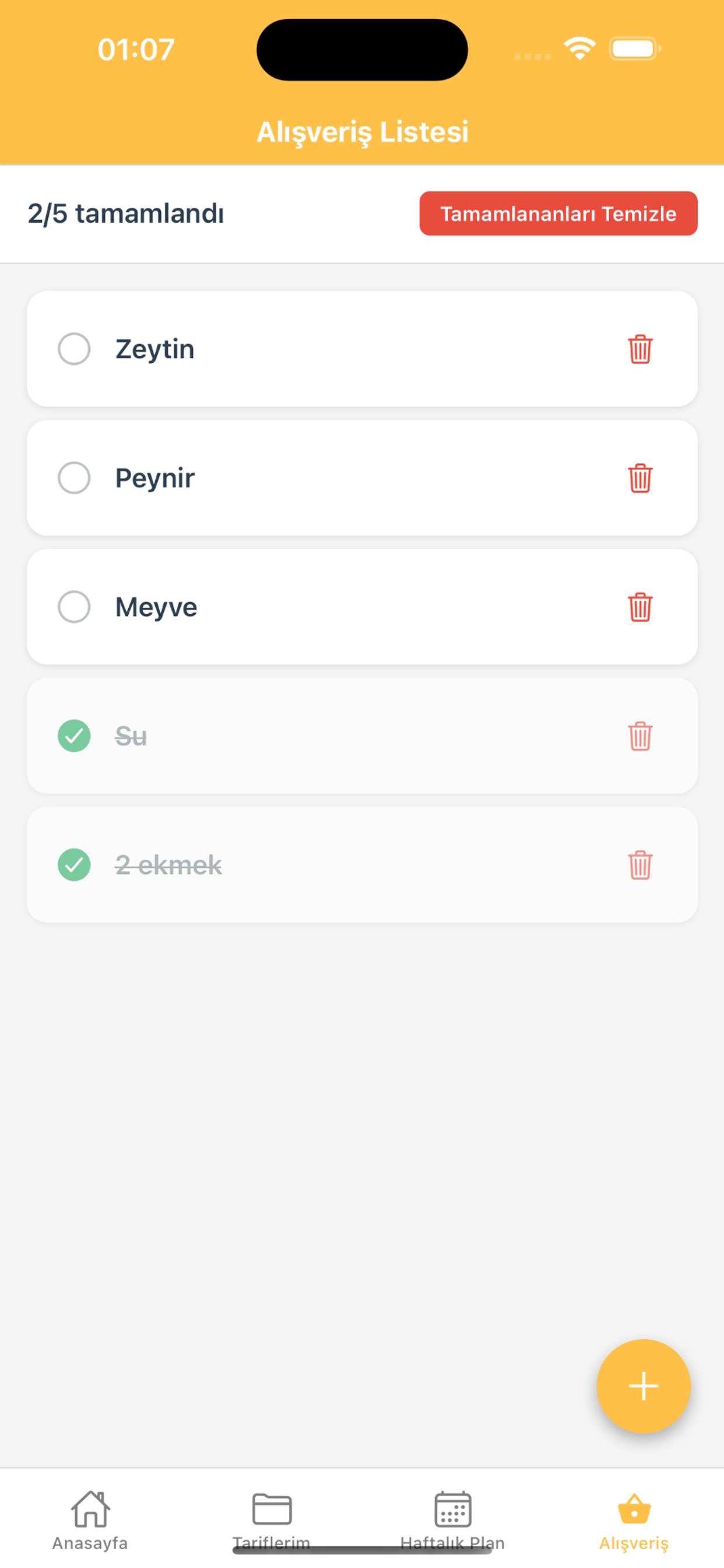 Tariflerim anasayfa ekranı